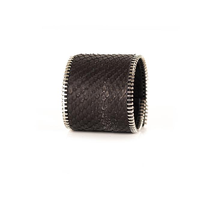 Dark brown python leather wide cuff bracelet with silver stitched edge detail, handmade exotic leather statement bracelet for women by THE DARK