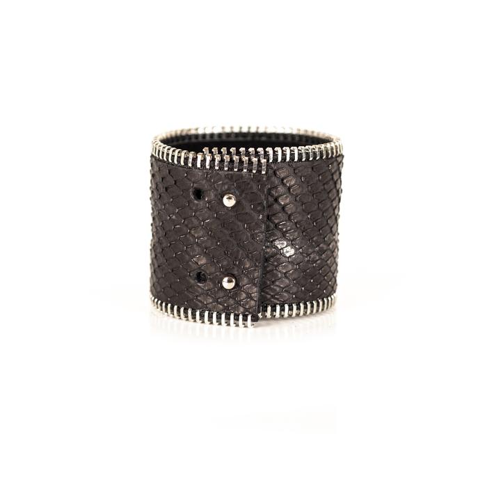 Dark Brown Python Leather Wide Cuff Bracelet with Silver Edge Stitch