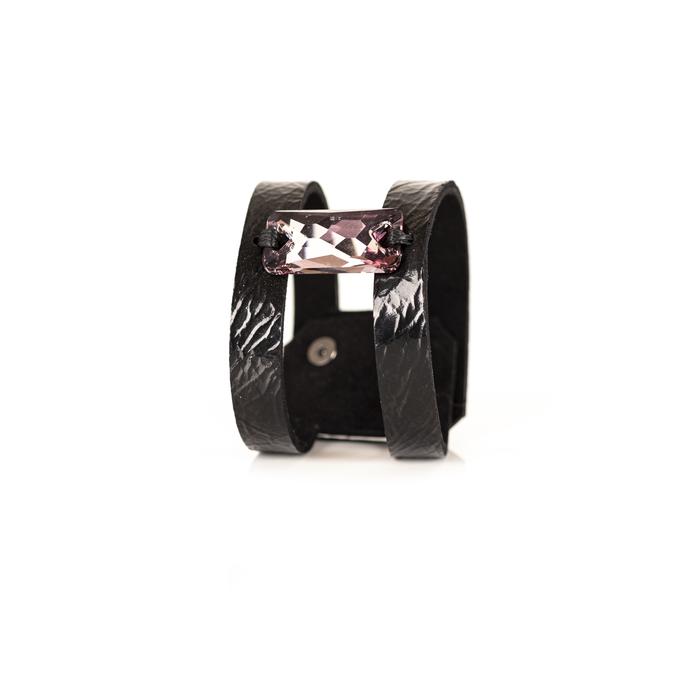 Black leather double strap cuff bracelet with rectangular pink crystal centerpiece, handmade statement bracelet by THE DARK