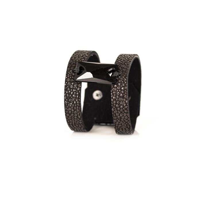 Black stingray leather double strap cuff bracelet with faceted black crystal centerpiece, handmade statement bracelet by THE DARK
