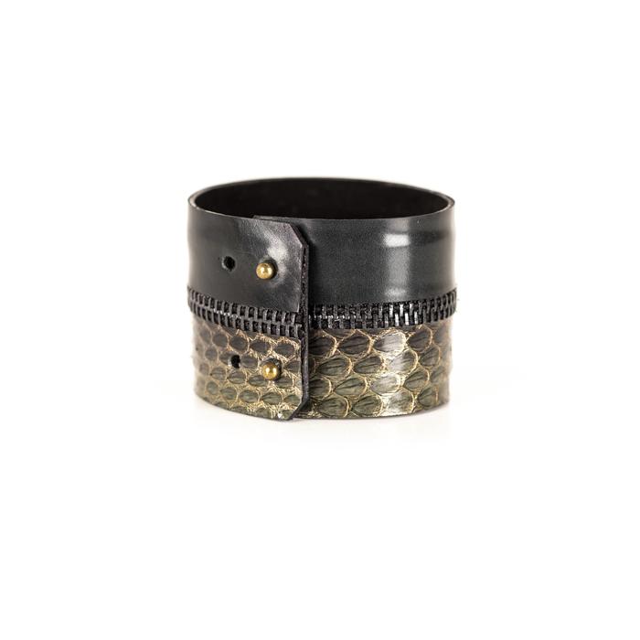 Antique gold python leather cuff bracelet with black zipper detail and dark leather band, handmade exotic leather bracelet by THE DARK