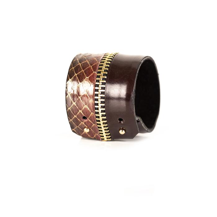 Brown python leather cuff bracelet with gold zipper detail and dark brown leather band, handmade exotic leather bracelet by THE DARK
