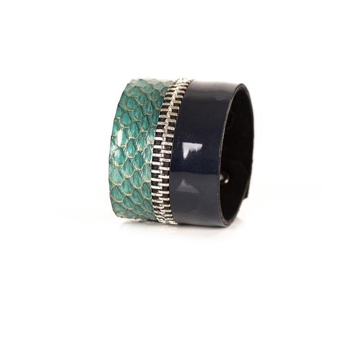 Emerald green python leather cuff bracelet with silver zipper detail and dark leather band, handmade exotic bracelet by THE DARK