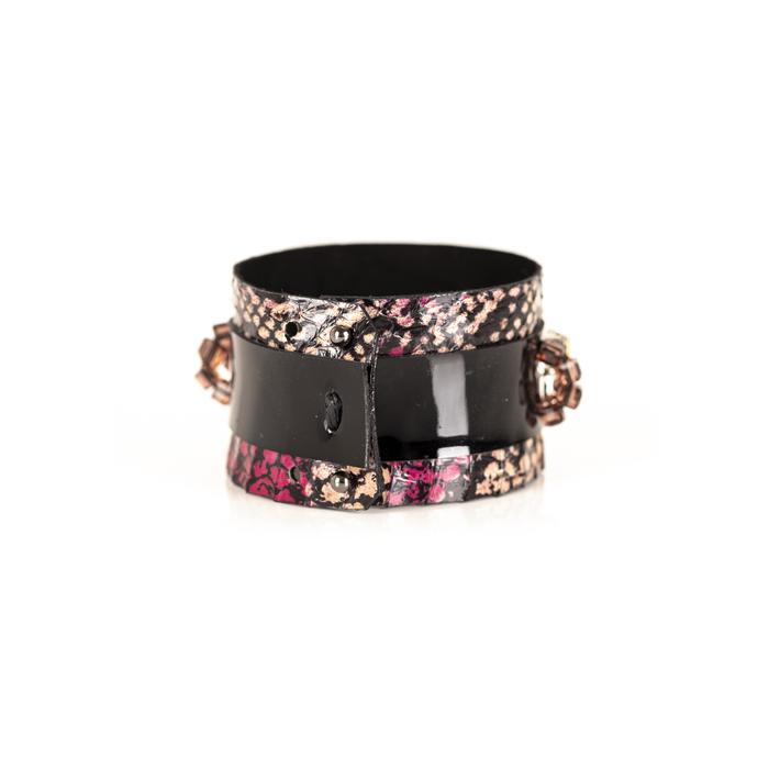 Python leather cuff bracelet with black center panel, fuchsia leather accent and pink rectangular crystals, handmade statement bracelet for women by THE DARK