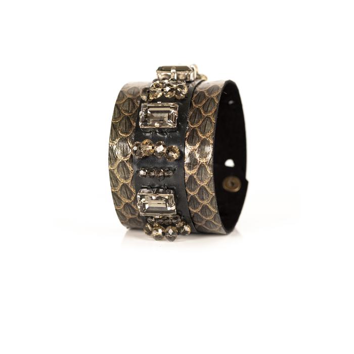 Gold python leather cuff bracelet with black leather center panel and rectangular crystal embellishments, handmade luxury statement bracelet for women by THE DARK
