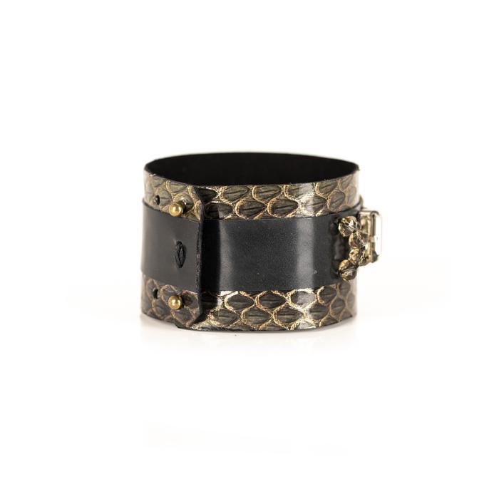 Gold python leather cuff bracelet with black leather center panel and rectangular crystal embellishments, handmade luxury statement bracelet for women by THE DARK