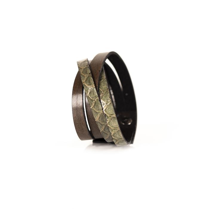 Layered olive python leather cuff bracelet with overlapping brown leather straps, handmade exotic leather statement bracelet by THE DARK