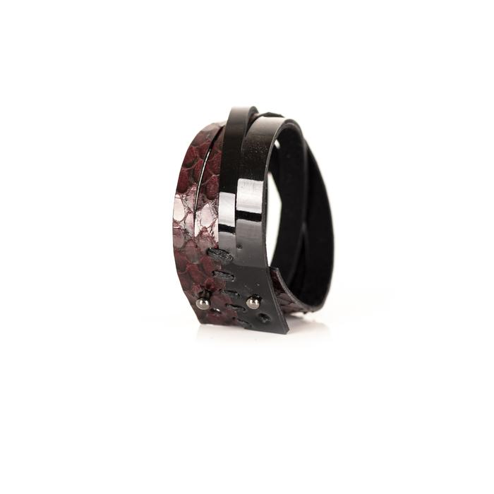 Layered burgundy python leather cuff bracelet with overlapping black leather straps, handmade exotic leather statement bracelet by THE DARK