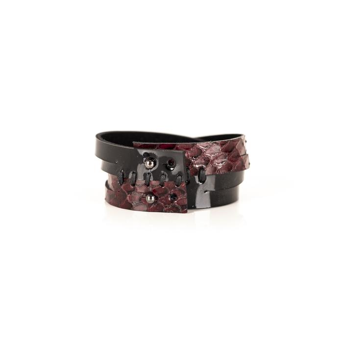 Layered burgundy python leather cuff bracelet with overlapping black leather straps, handmade exotic leather statement bracelet by THE DARK