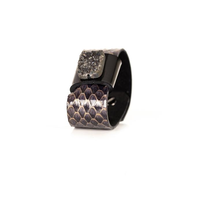 Smoky python leather cuff bracelet with black leather band and dark druzy crystal centerpiece, handmade statement bracelet for women by THE DARK