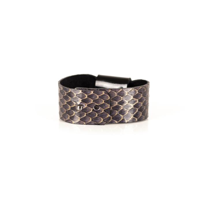 Smoky python leather cuff bracelet with black leather band and dark druzy crystal centerpiece, handmade statement bracelet for women by THE DARK