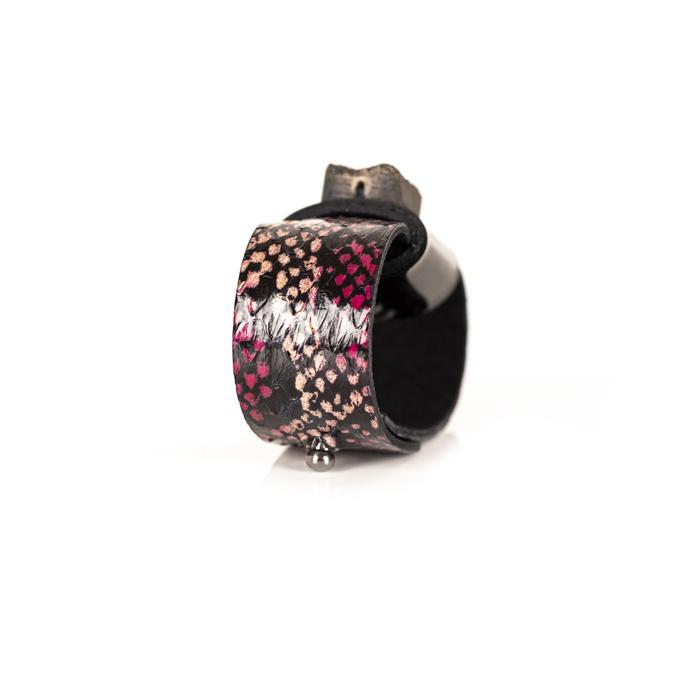 Pink python leather cuff bracelet with black leather band and dark druzy crystal centerpiece, handmade statement bracelet for women by THE DARK