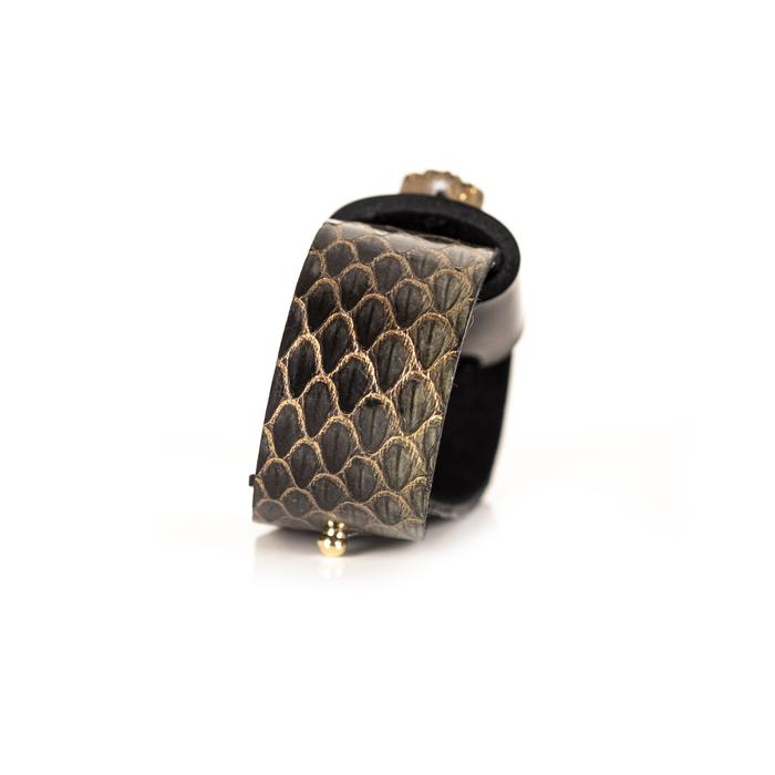 Gold python leather cuff bracelet with black leather band and golden druzy crystal centerpiece, handmade statement bracelet for women by THE DARK