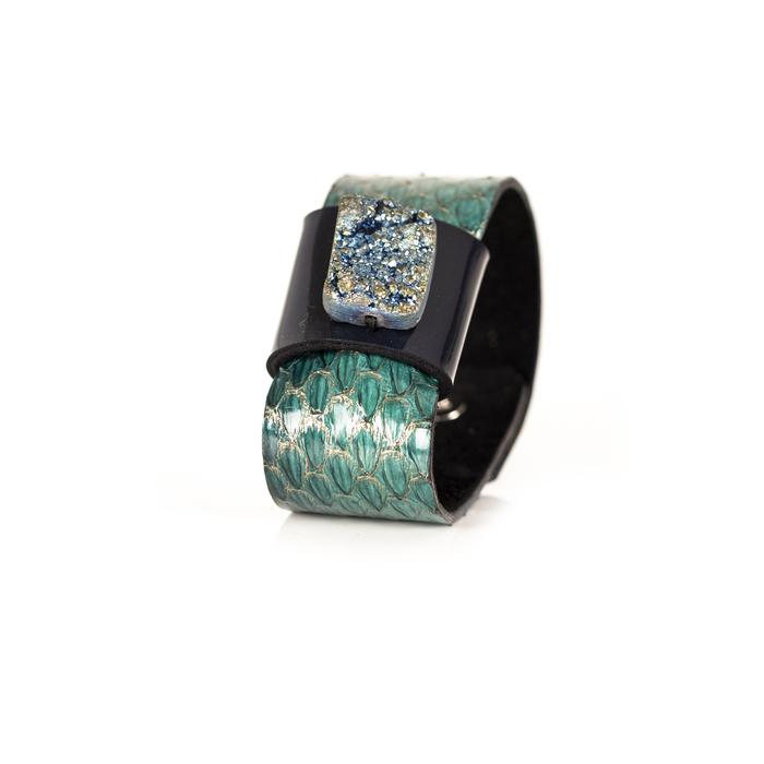 Turquoise python leather cuff bracelet with black leather band and blue druzy crystal centerpiece, handmade statement bracelet for women by THE DARK