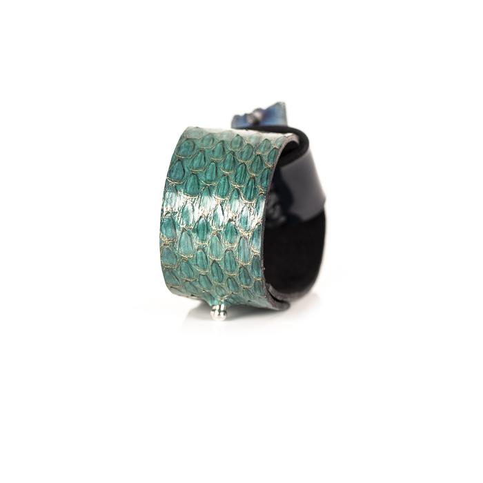 Dark brown python leather wide cuff bracelet with silver stitched edge detail, handmade exotic leather statement bracelet for women by THE DARK