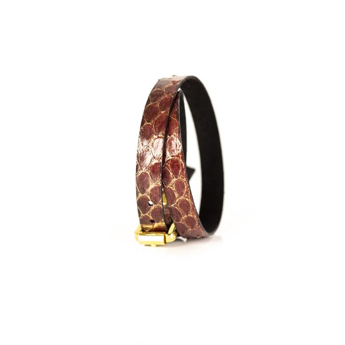 Burgundy python leather wrap bracelet with gold buckle closure, handmade exotic leather bracelet by THE DARK