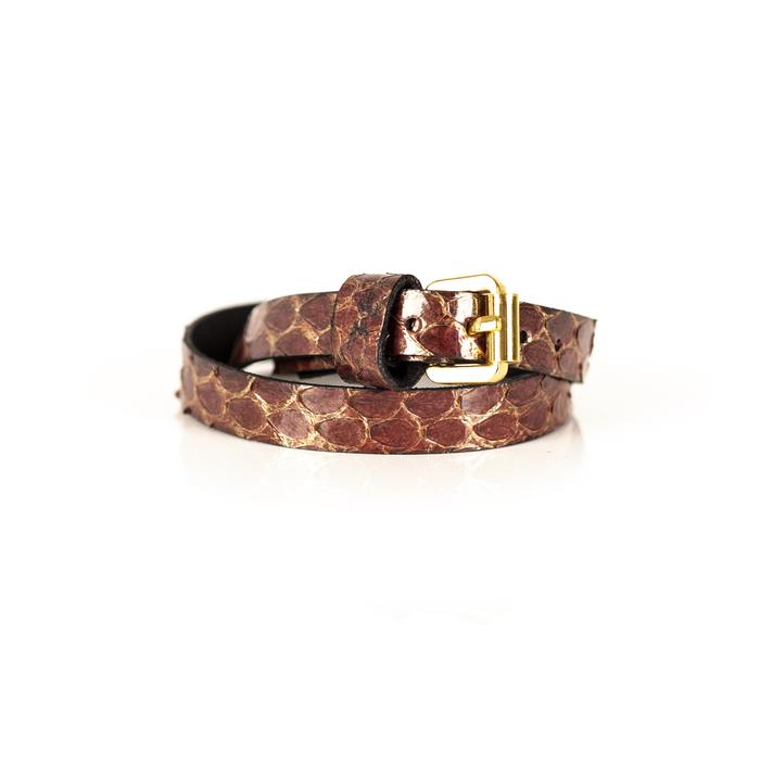 Burgundy python leather wrap bracelet with gold buckle closure, handmade exotic leather bracelet by THE DARK