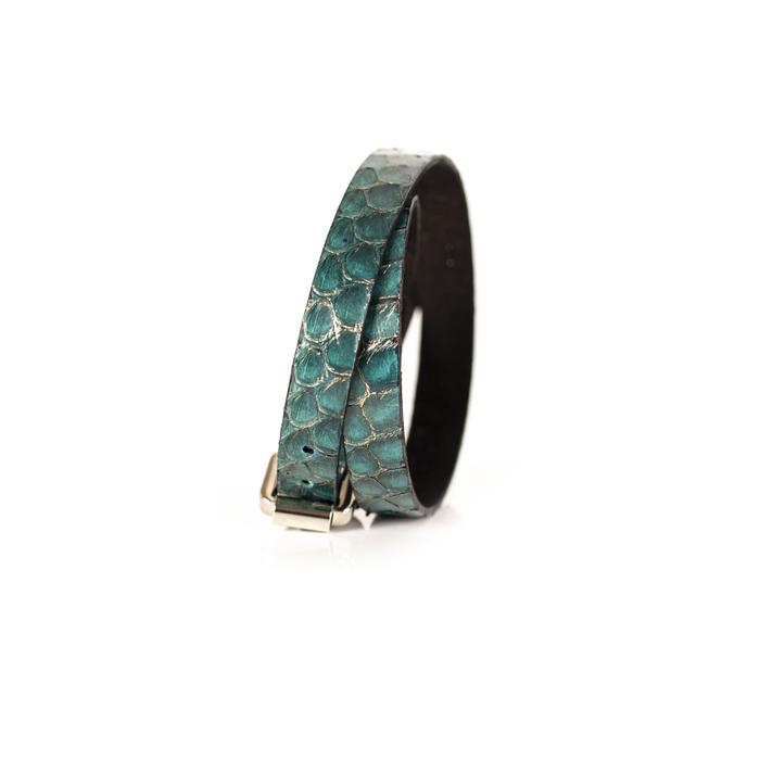Turquoise python leather wrap bracelet with gold buckle closure, handmade exotic leather bracelet by THE DARK