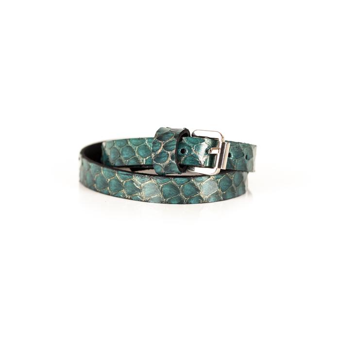 Turquoise python leather wrap bracelet with gold buckle closure, handmade exotic leather bracelet by THE DARK