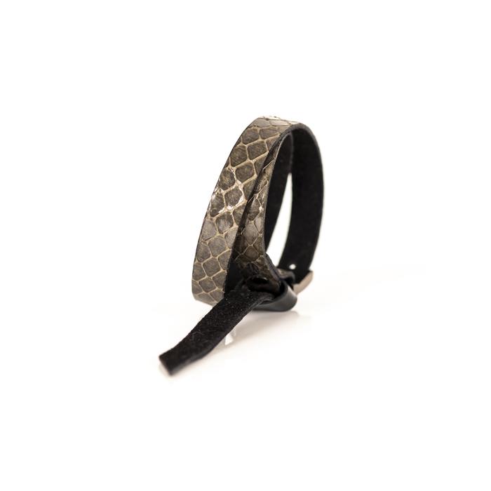 Smoky python leather wrap bracelet with gunmetal buckle closure, handmade exotic leather bracelet by THE DARK