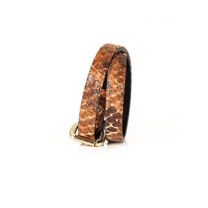 Rust python leather wrap bracelet with gold buckle closure, handmade exotic leather bracelet by THE DARK