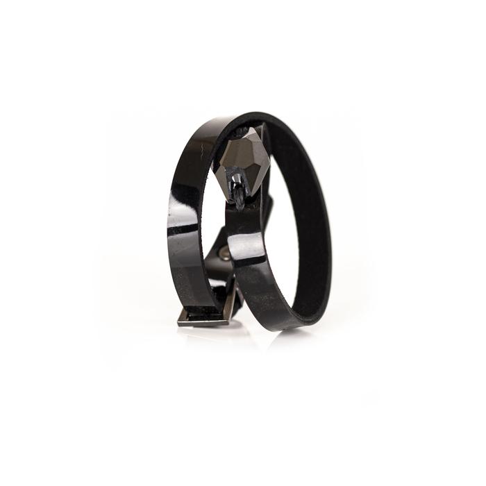 Black patent leather wrap bracelet with faceted dark crystal centerpiece, handmade statement bracelet by THE DARK