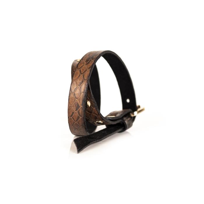 Brown python leather wrap bracelet with gold buckle closure and gold rivets, handmade exotic leather bracelet by THE DARK
