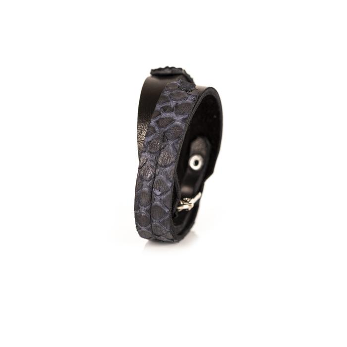 Black python leather slim bracelet with snap closure, handmade exotic leather bracelet by THE DARK