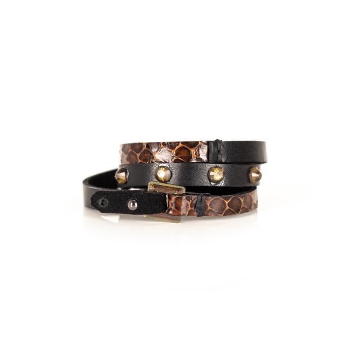 Layered black leather choker with brown python texture and crystal stud detailing