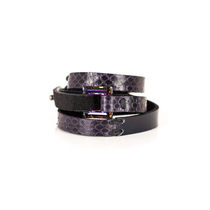 Purple python leather choker with layered wrap straps and rectangular crystal accents