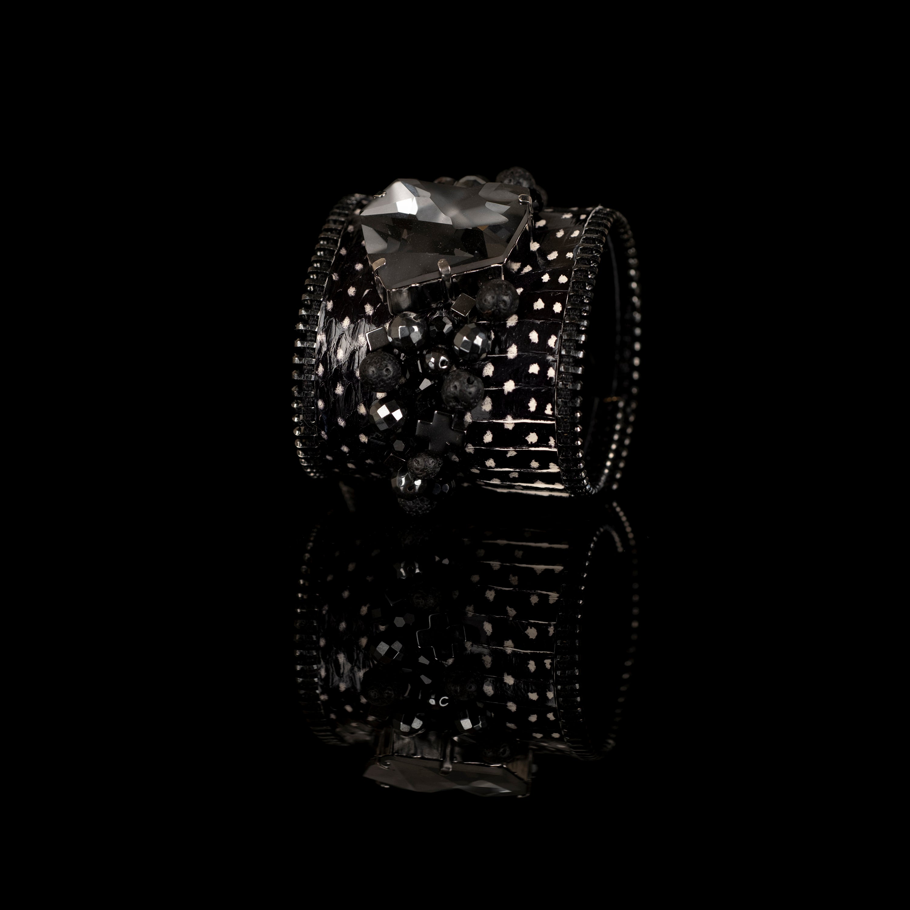 Black stingray leather cuff bracelet with dark crystal centerpiece and black beadwork, handmade statement bracelet by THE DARK