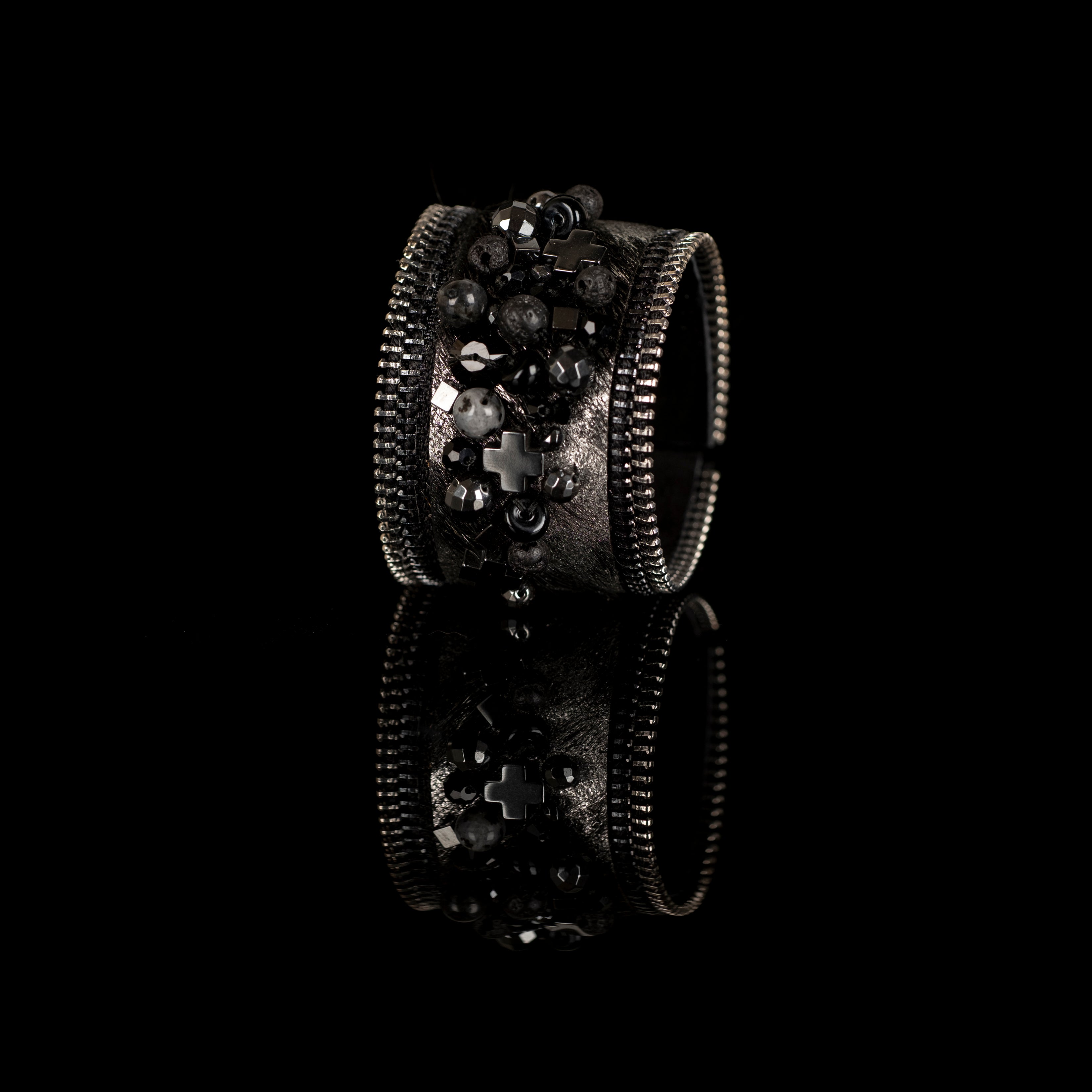 Metallic python leather cuff bracelet with bead cluster and zipper edges, handmade statement bracelet by THE DARK