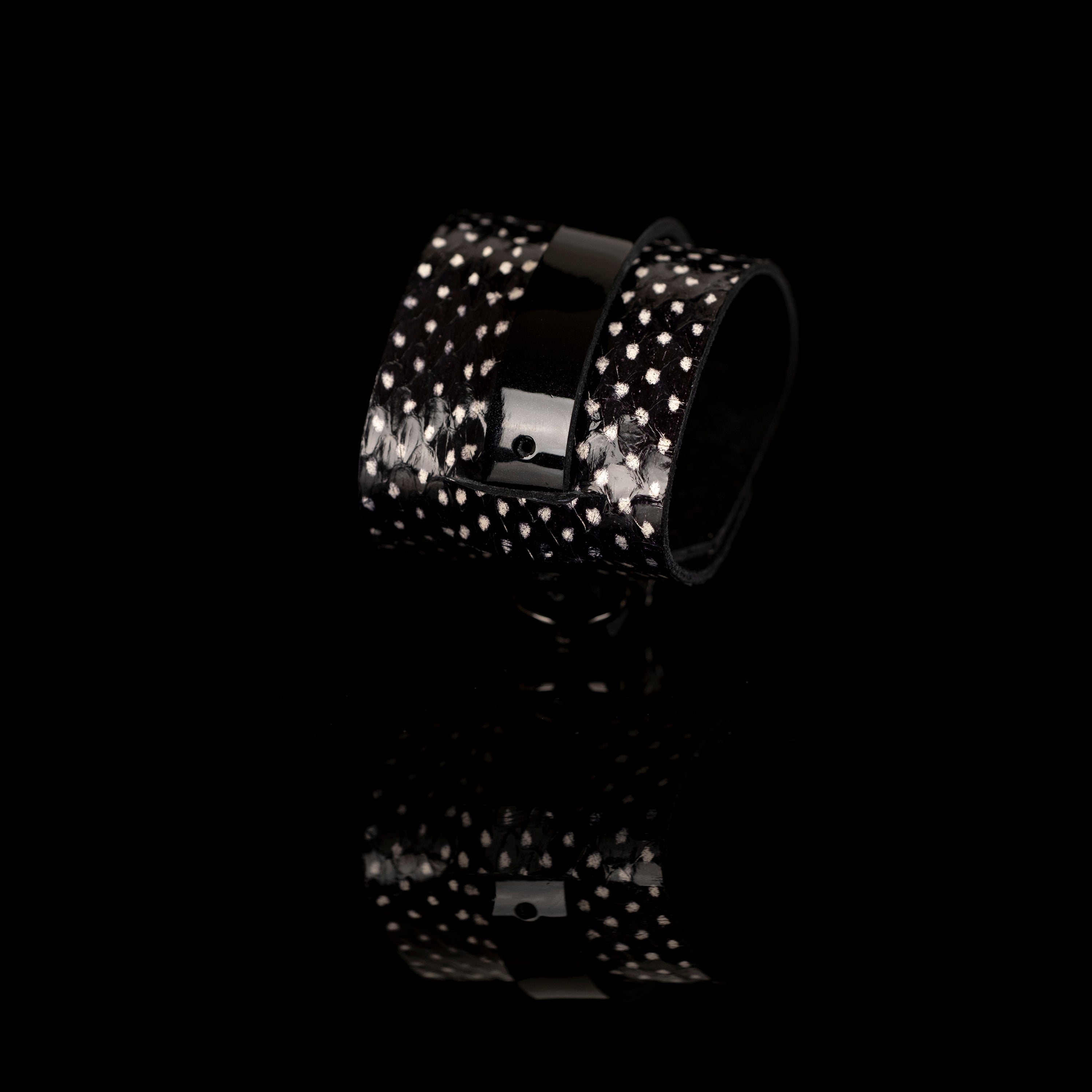 Black stingray leather cuff bracelet with glossy black center band, handmade exotic leather bracelet by THE DARK