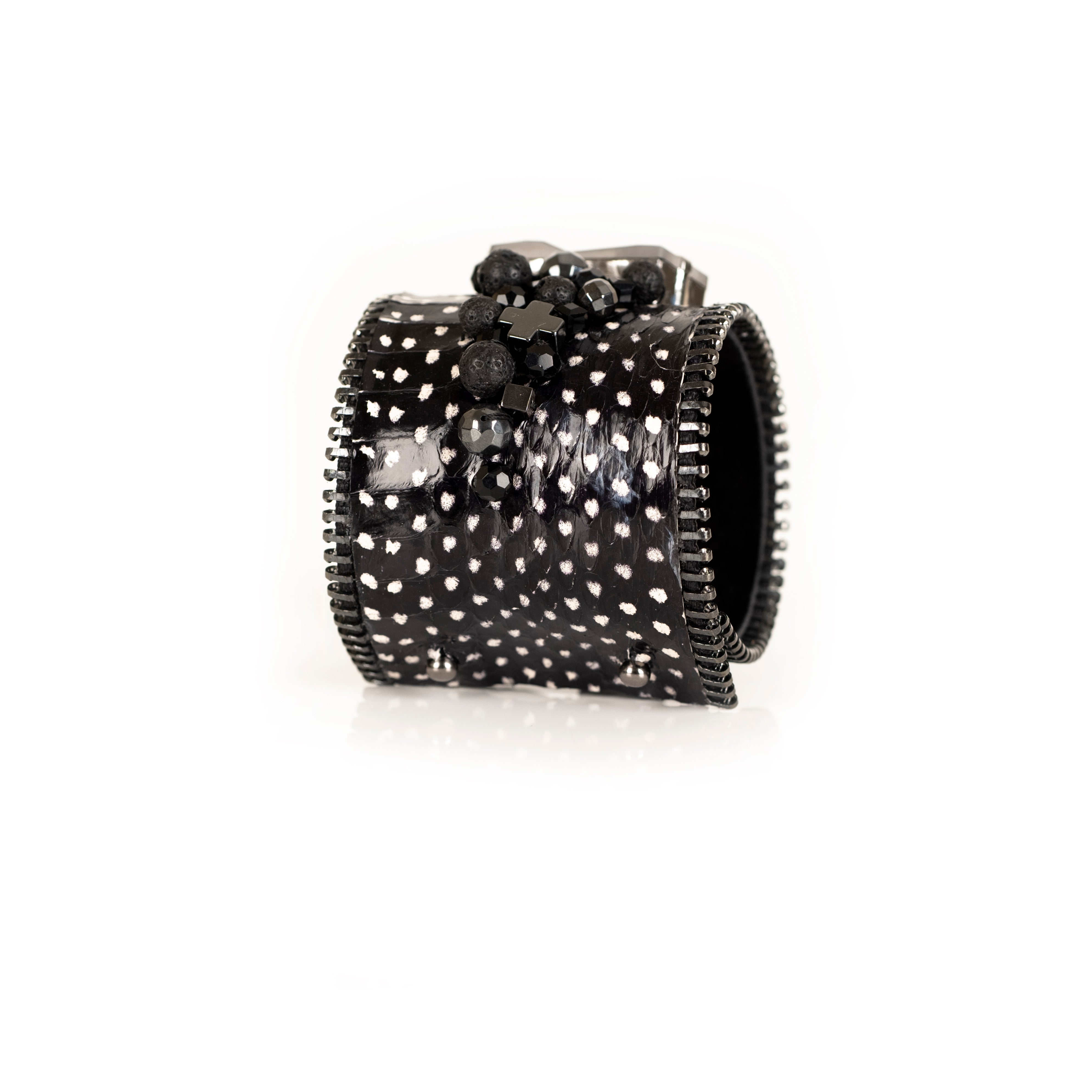 Black stingray leather cuff bracelet with dark crystal centerpiece and black beadwork, handmade statement bracelet by THE DARK