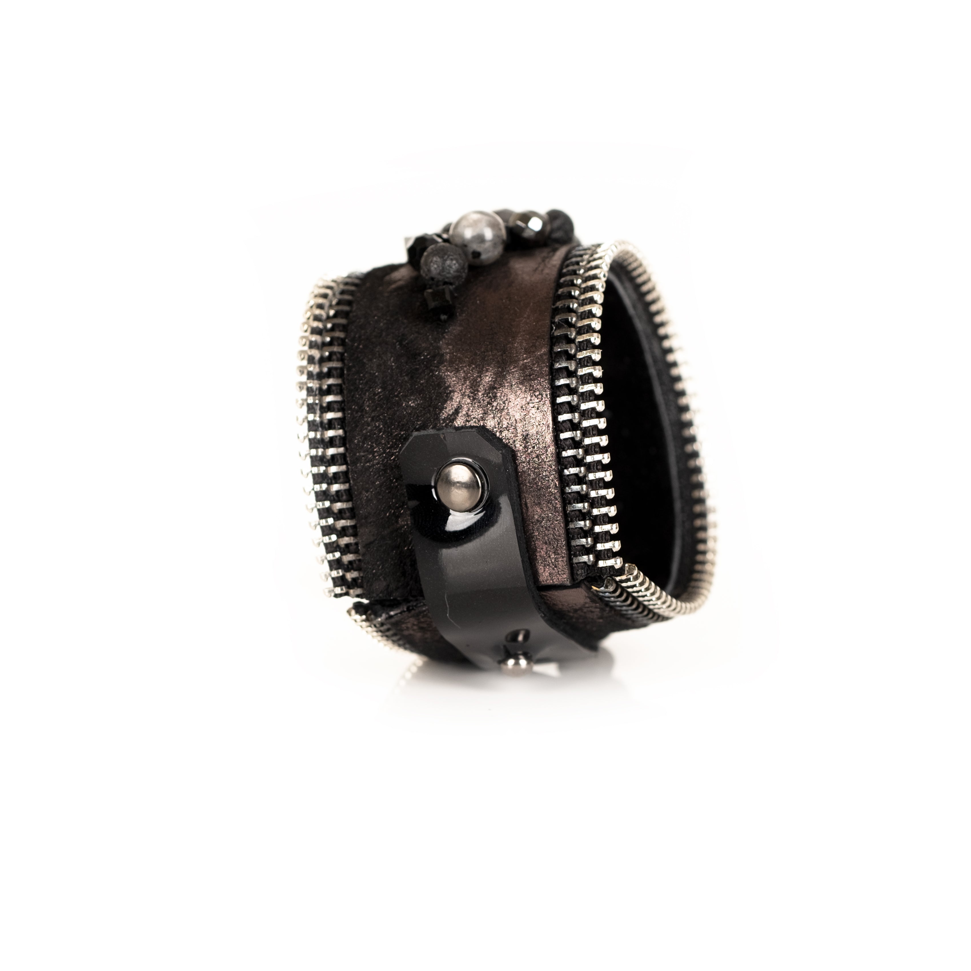 Black leather cuff with large faceted crystal and mixed bead cluster, handmade statement bracelet by THE DARK