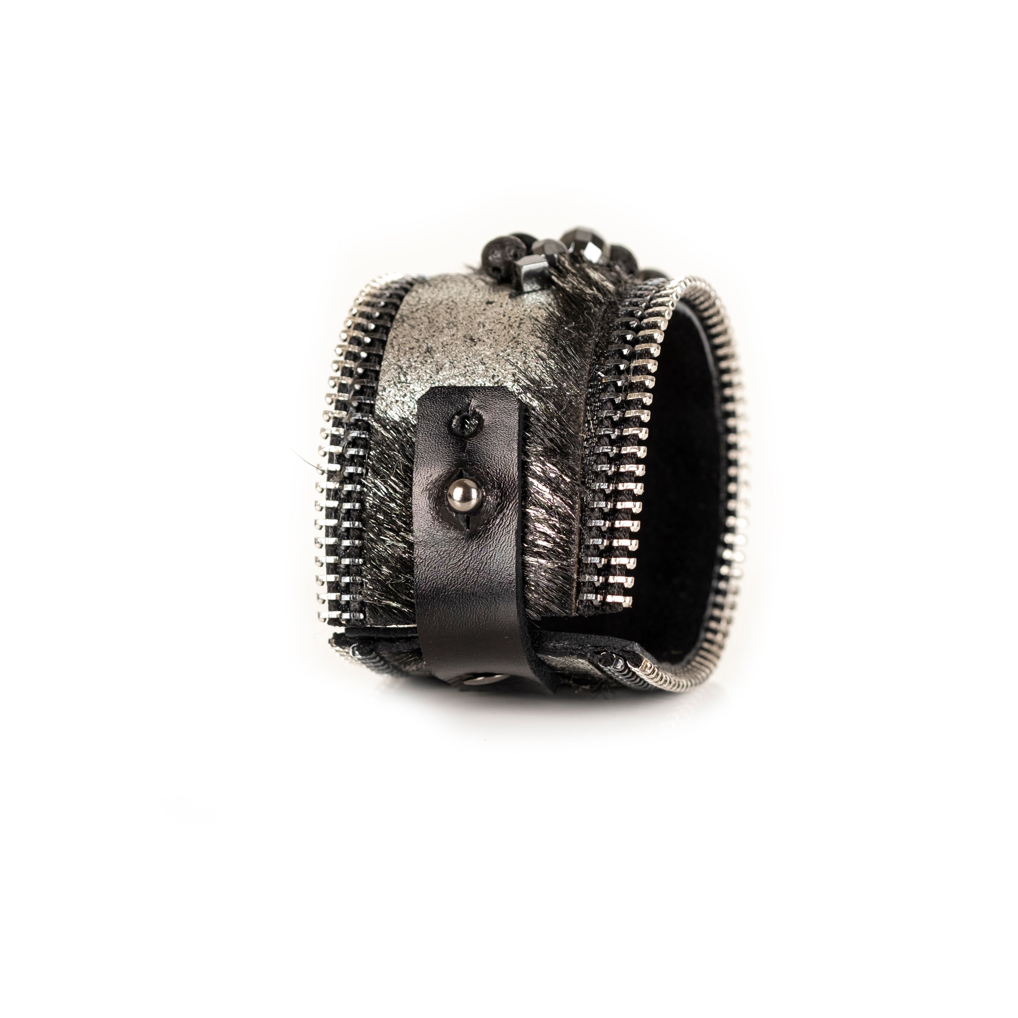 Metallic python leather cuff bracelet with bead cluster and zipper edges, handmade statement bracelet by THE DARK