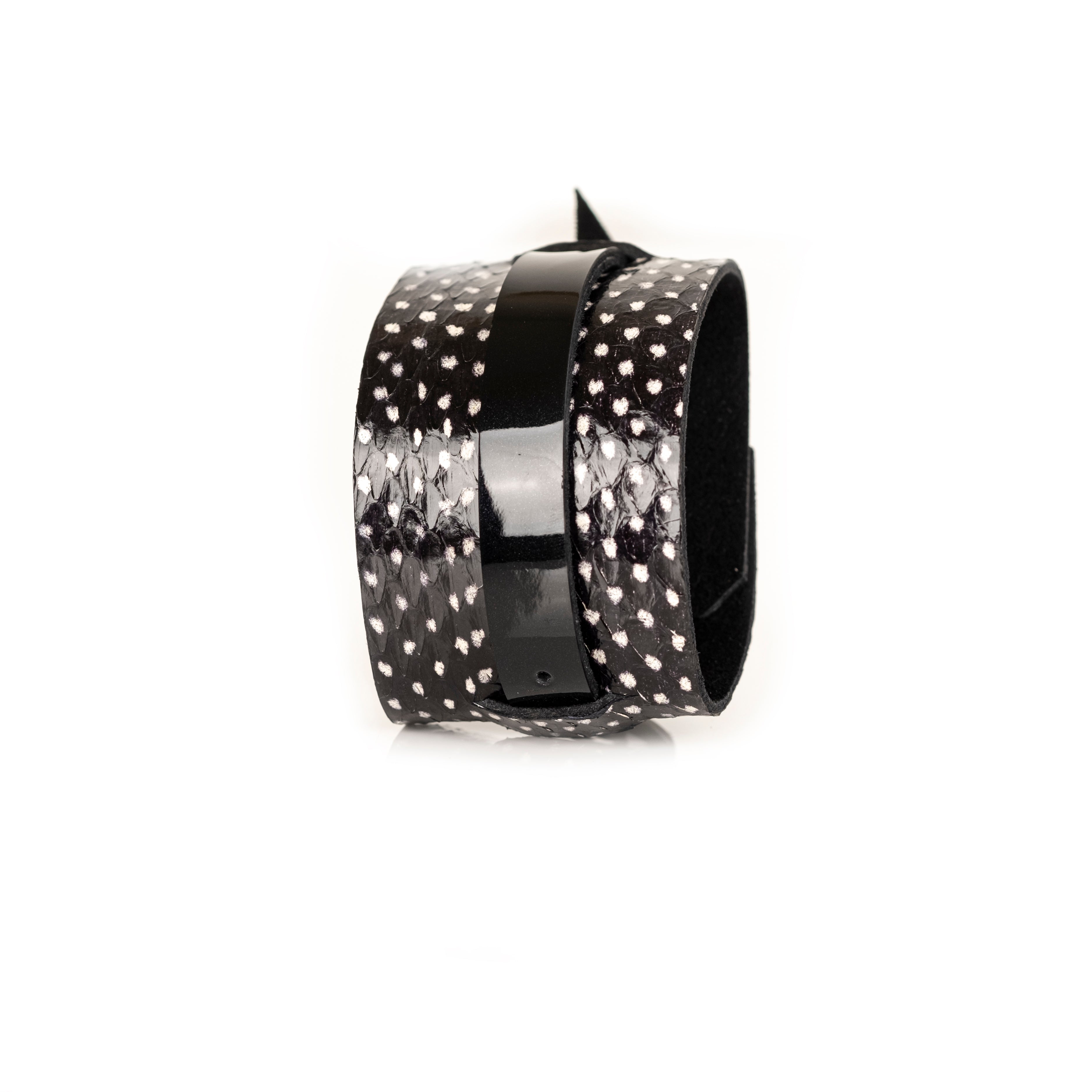 Black stingray leather cuff bracelet with glossy black center band, handmade exotic leather bracelet by THE DARK