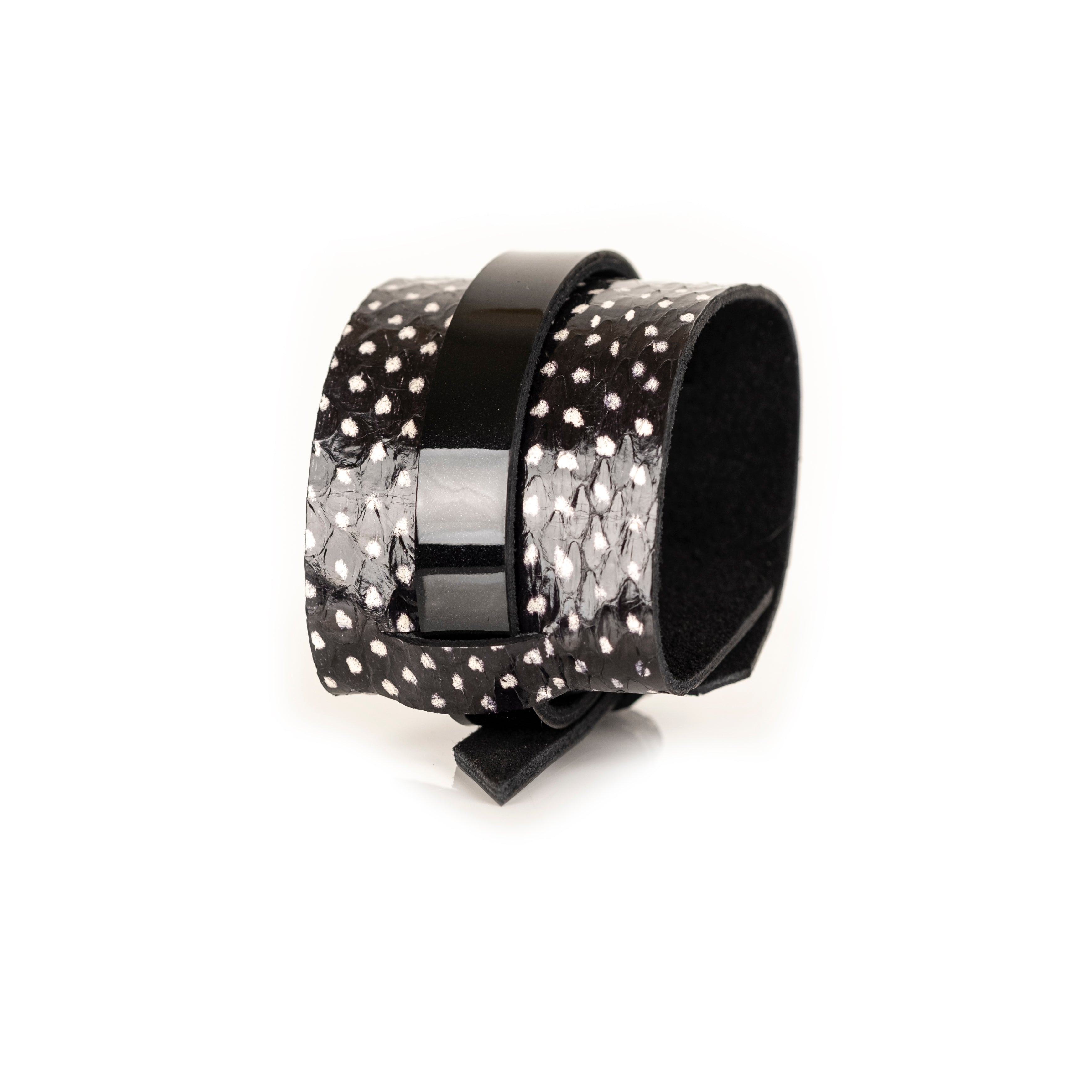 Black stingray leather cuff bracelet with glossy black center band, handmade exotic leather bracelet by THE DARK