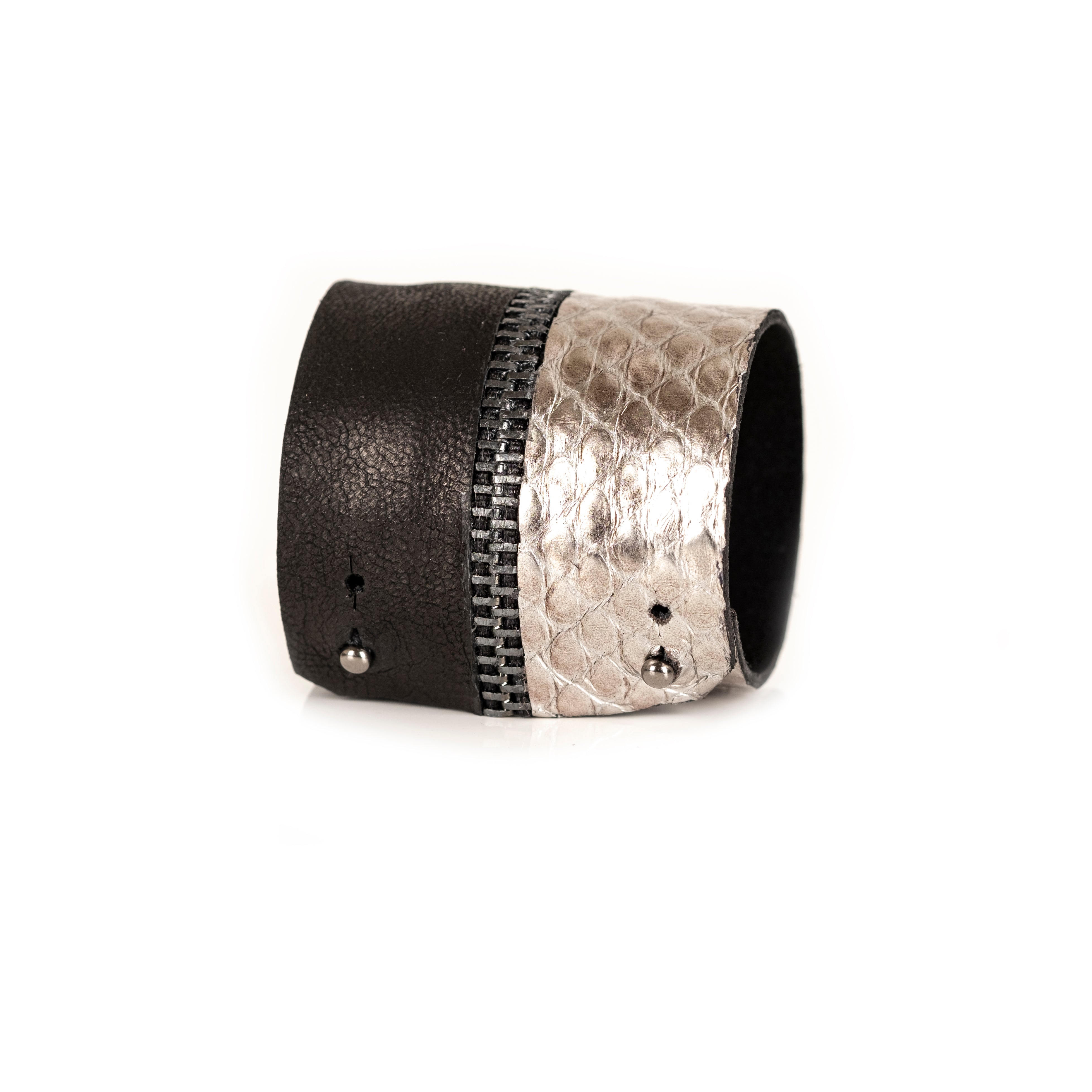 Black leather cuff with metallic python leather panel and zipper detail, handmade statement bracelet by THE DARK