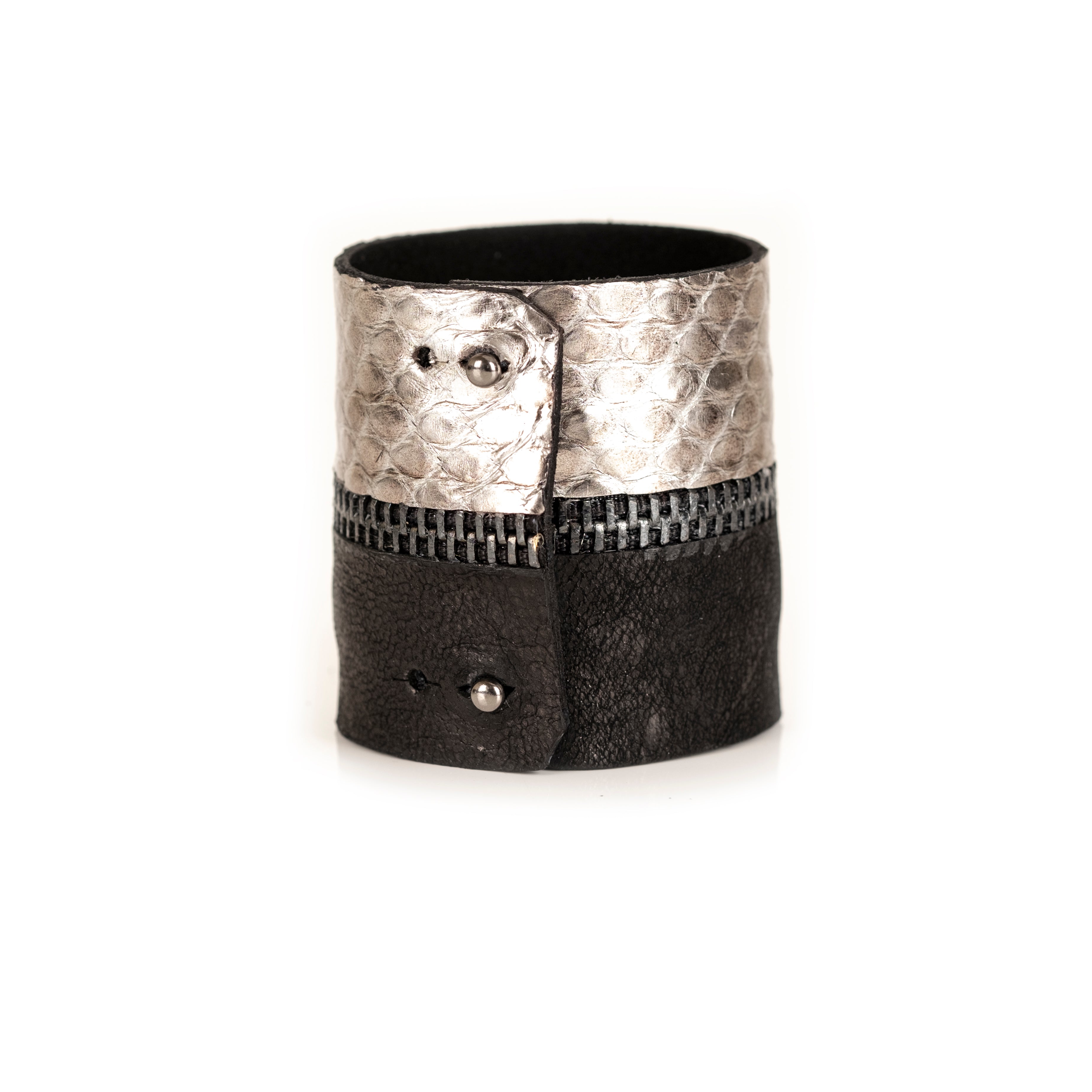 Black leather cuff with metallic python leather panel and zipper detail, handmade statement bracelet by THE DARK