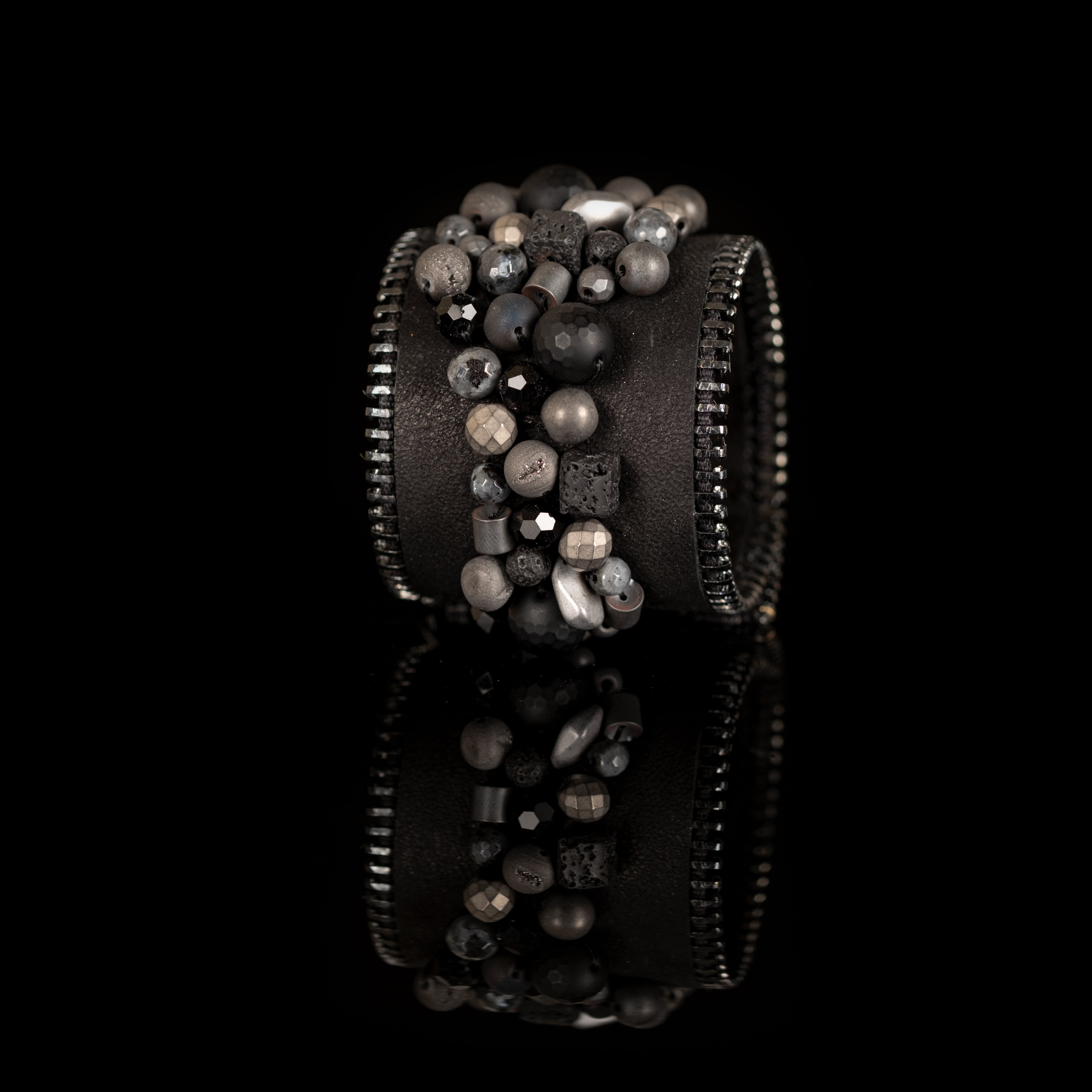 Black leather cuff bracelet with mixed stone cluster and zipper edge detailing, handmade statement bracelet by THE DARK