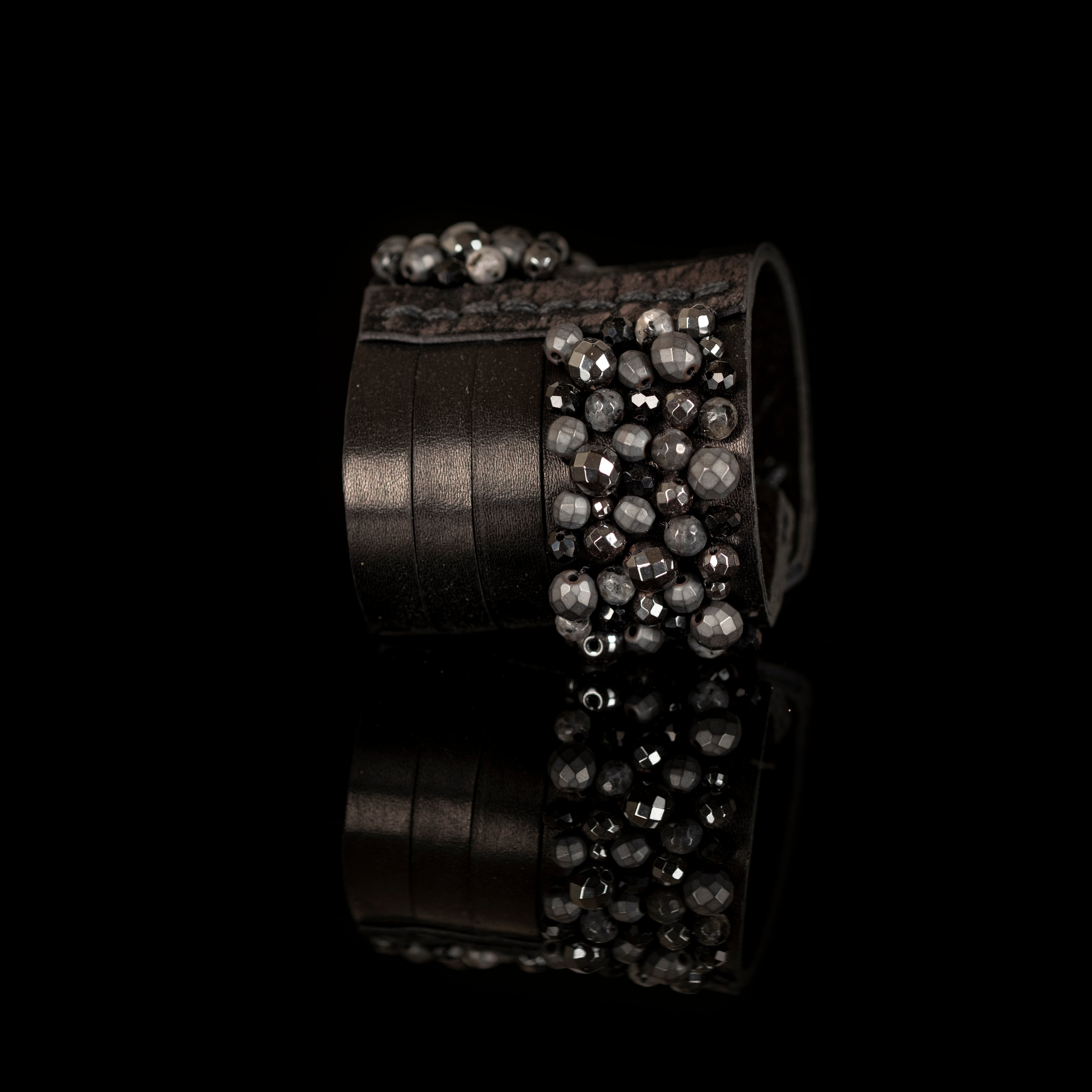 Black leather cuff bracelet with mixed metallic and stone bead cluster, handmade statement bracelet by THE DARK