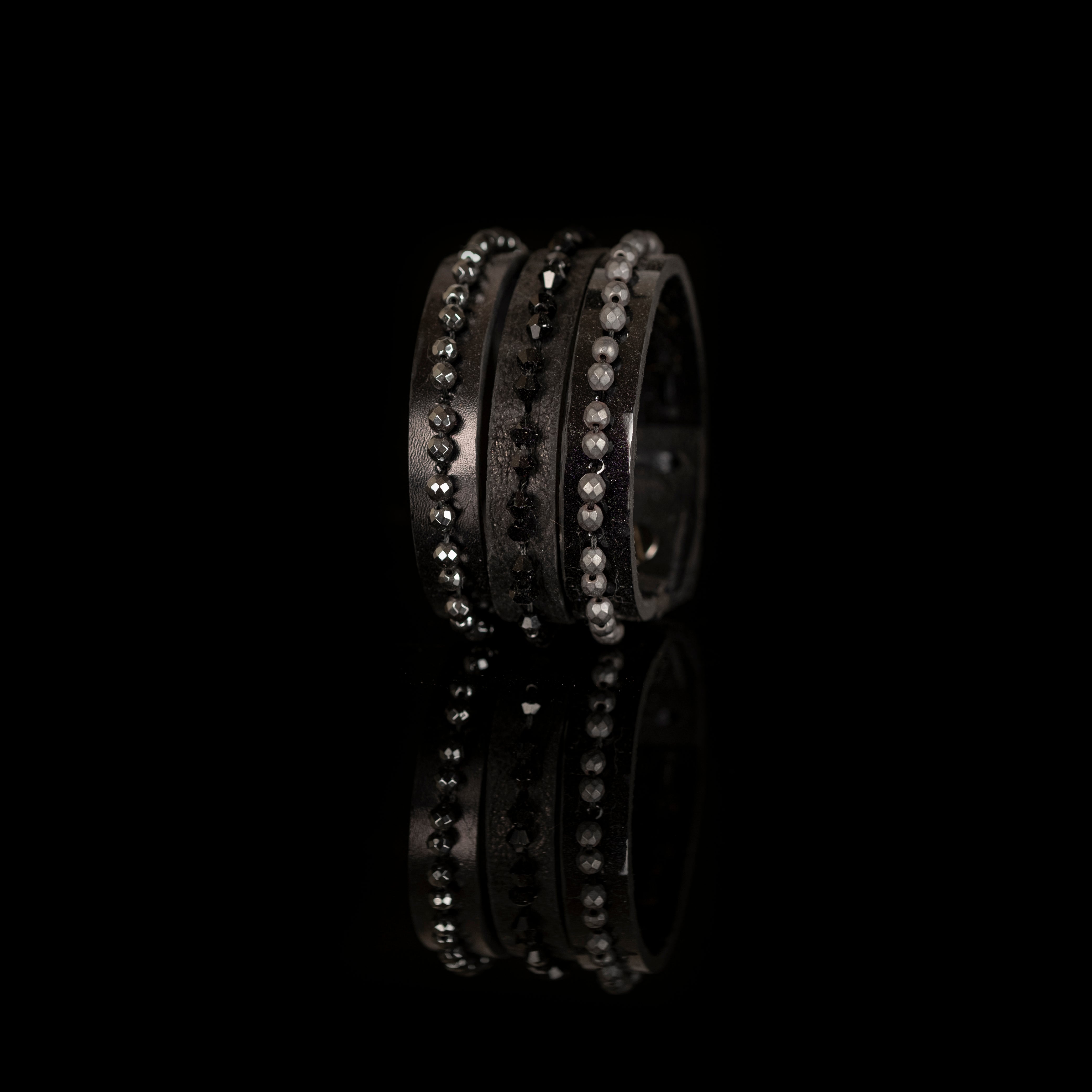 Black leather cuff bracelet with hematite and black crystal bead rows, handmade statement bracelet by THE DARK