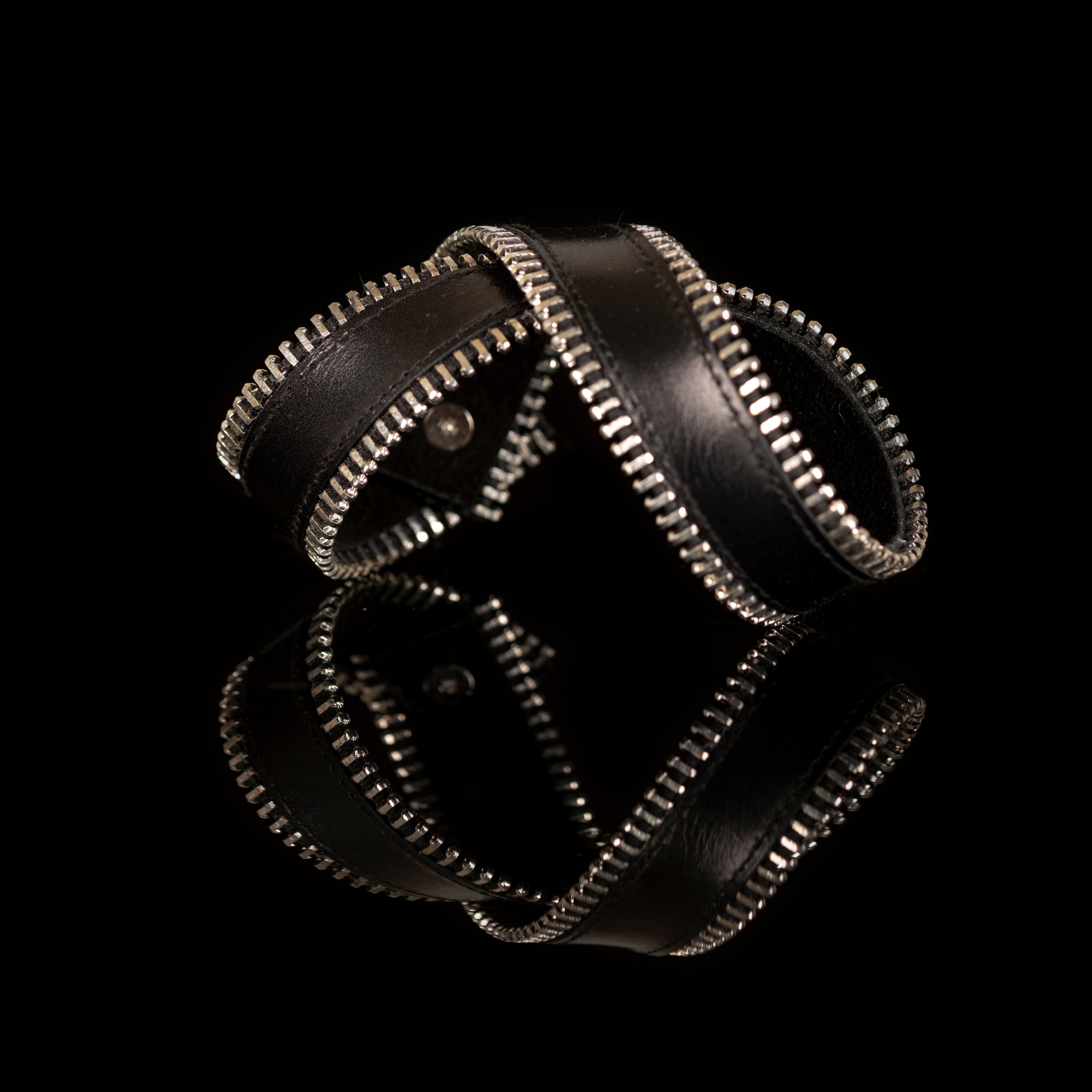 Black leather bracelet with double silver zipper edges, handmade industrial leather cuff bracelet by THE DARK