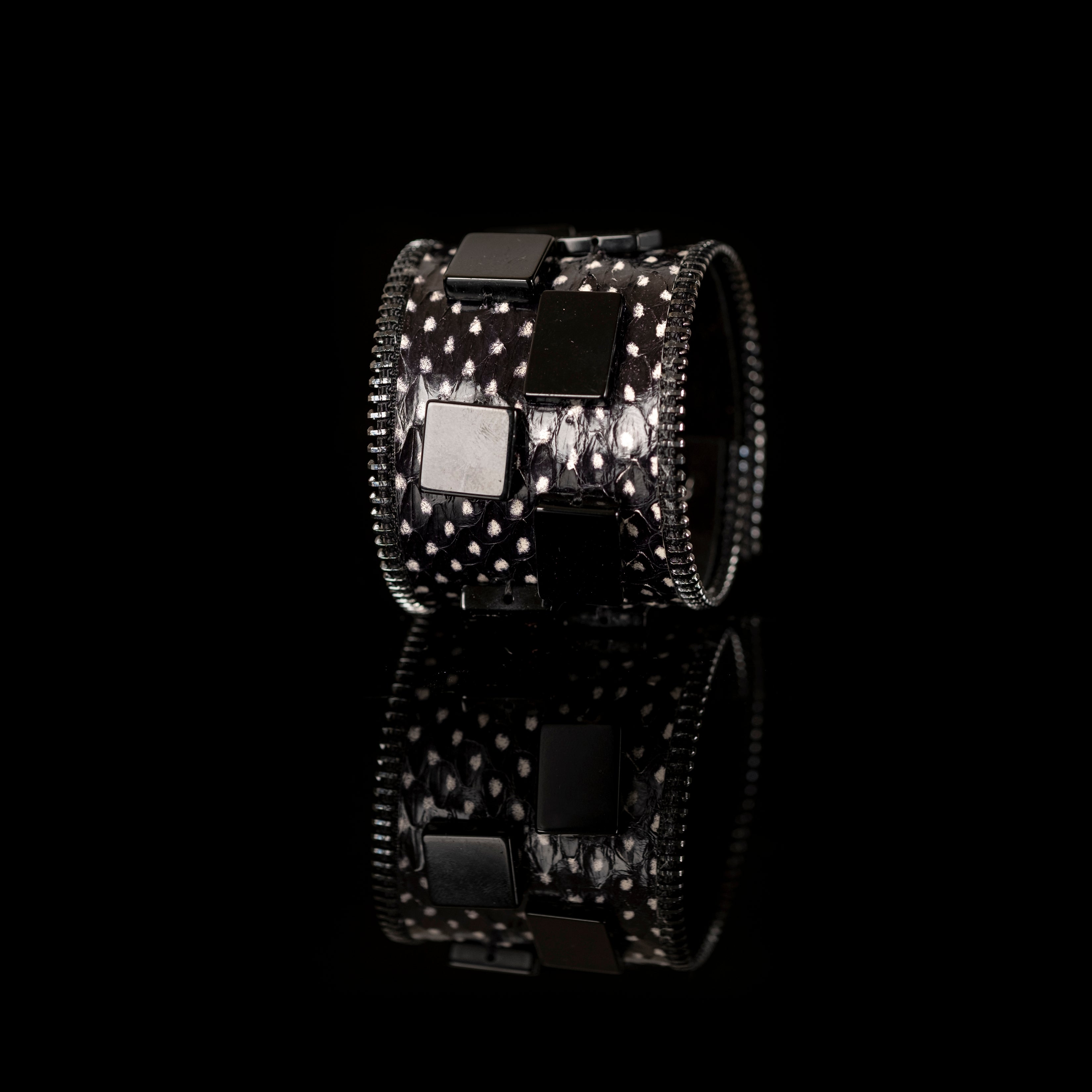 Black stingray leather cuff bracelet with geometric black metal squares, handmade exotic leather bracelet by THE DARK