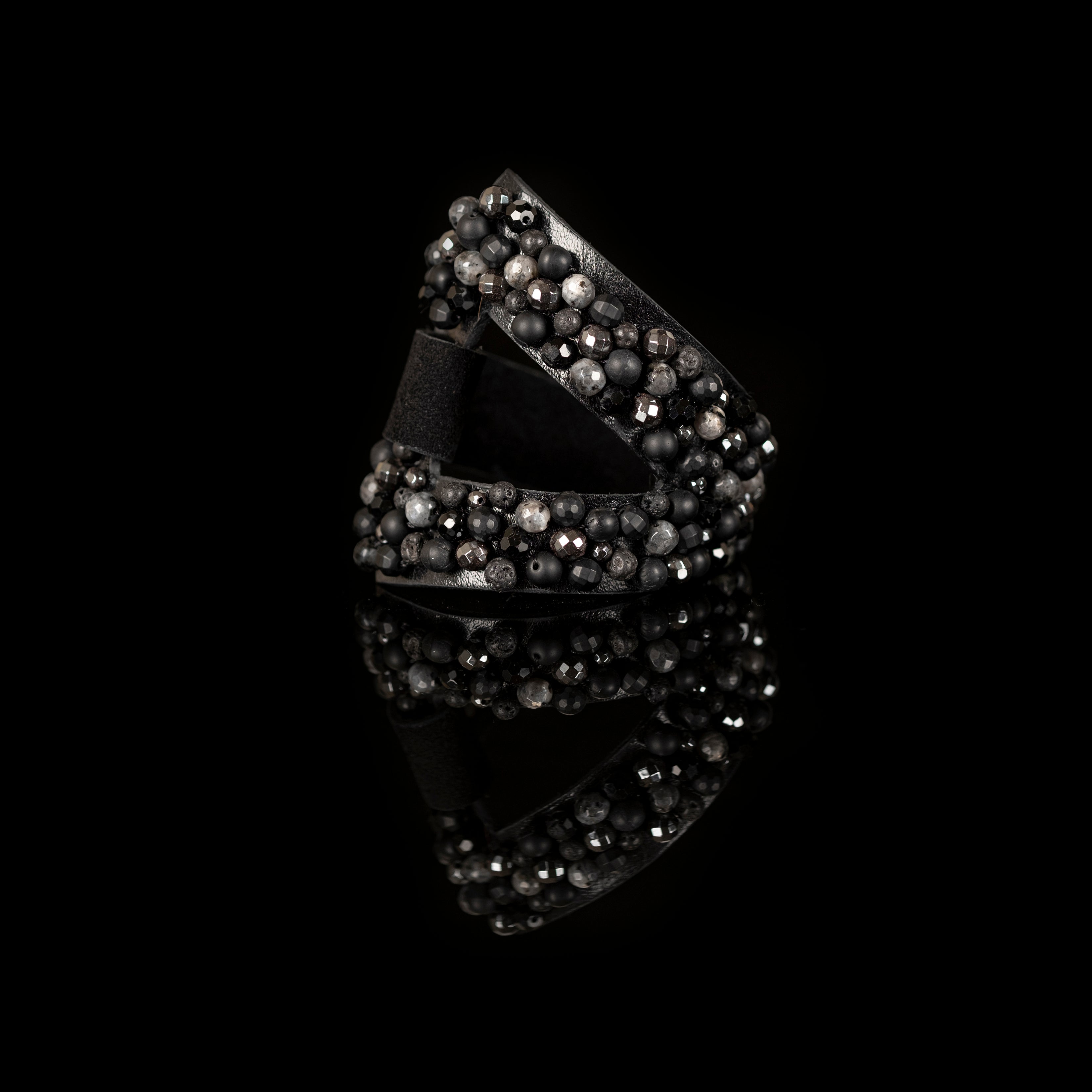 Black leather bracelet with hematite and crystal bead clusters, handmade statement leather bracelet by THE DARK