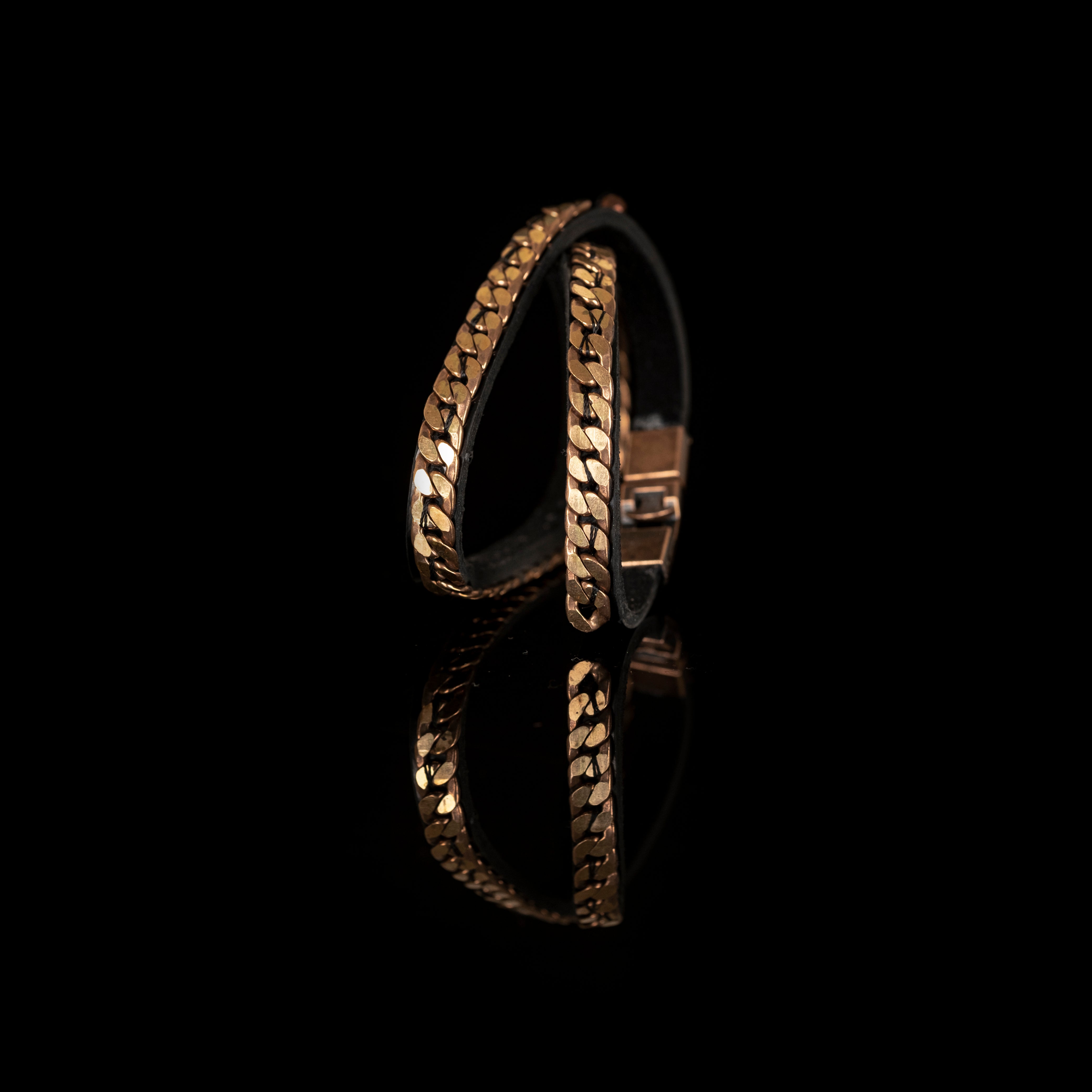 Black leather bracelet with double gold chain detail, handmade minimalist leather bracelet by THE DARK