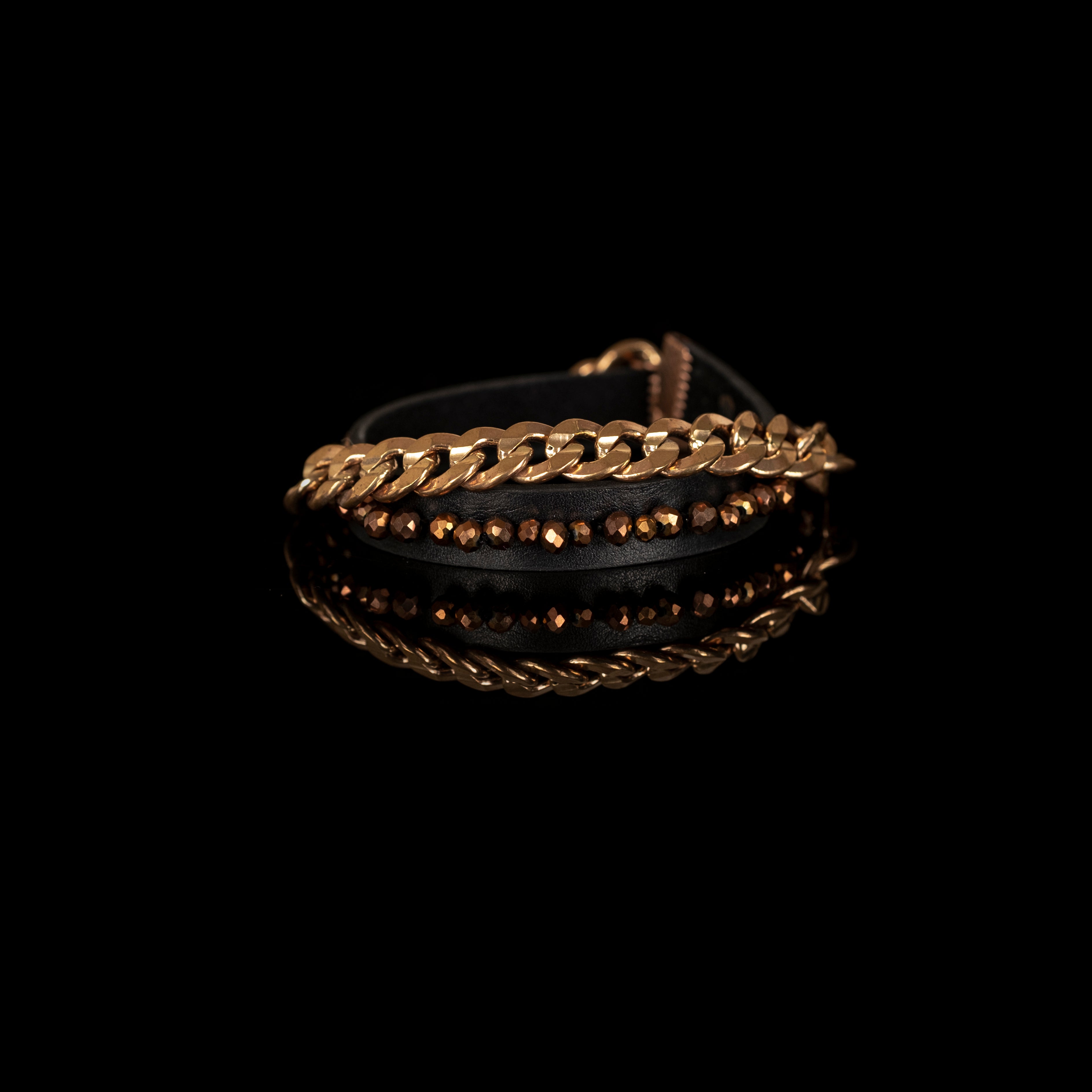 Black leather bracelet with gold chain and bronze faceted beads, handmade minimalist leather bracelet by THE DARK.