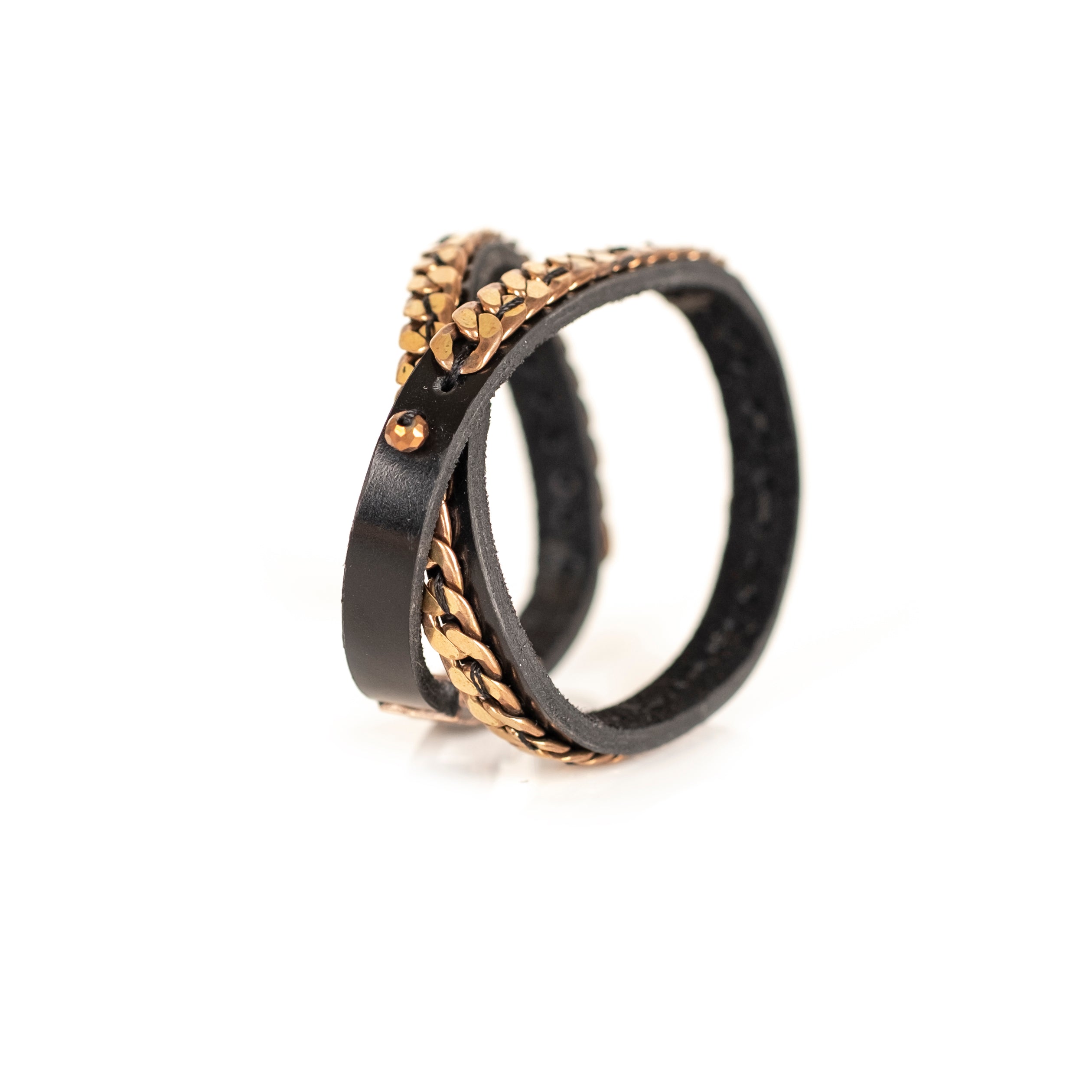 Black leather bracelet with double gold chain detail, handmade minimalist leather bracelet by THE DARK