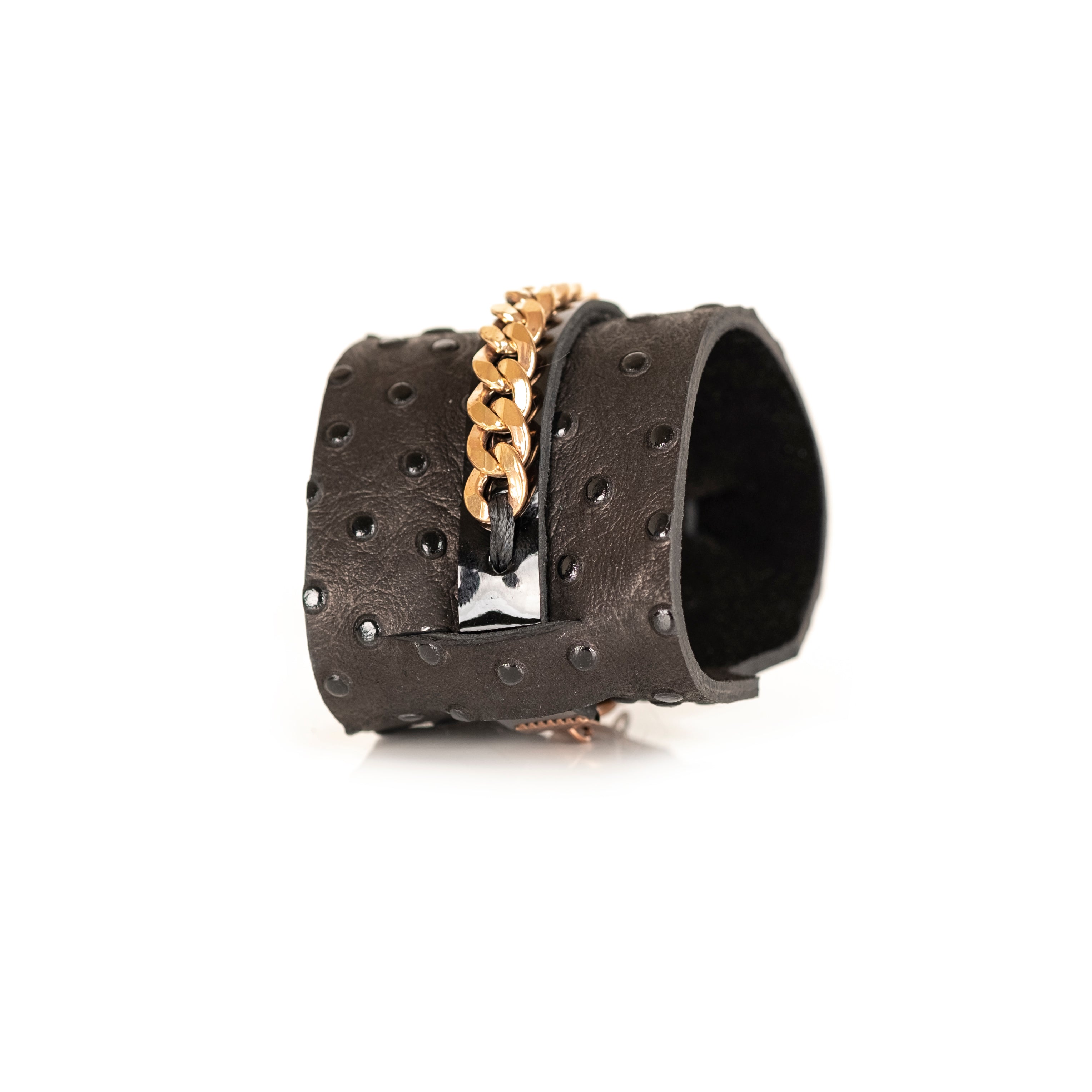 Brown ostrich leather cuff bracelet with gold chain centerpiece, handmade luxury leather bracelet by THE DARK